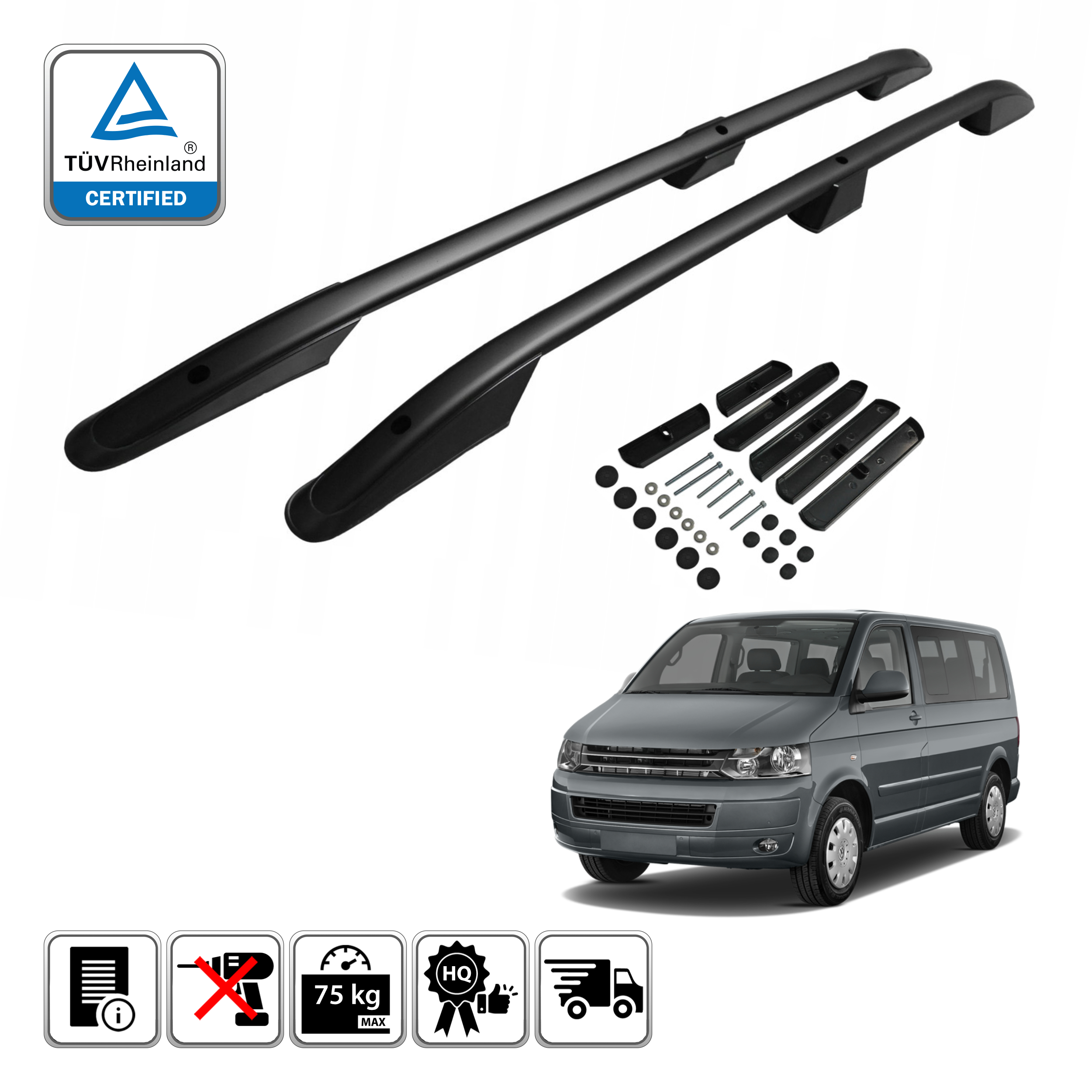 Roof Rails Volkswagen VW T5 Transporter 2003-2015 L1 Black ...